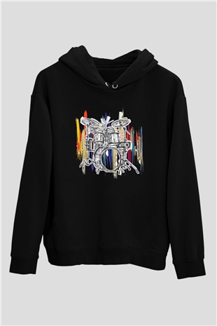 Bateri Baskılı Unisex Siyah Hoodie