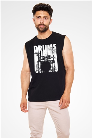 Bateri Baskılı Unisex Siyah Kolsuz Tişört - Tshirt