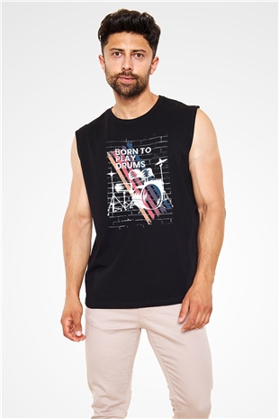 Bateri Baskılı Unisex Siyah Kolsuz Tişört - Tshirt