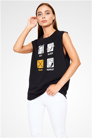 Bateri Baskılı Unisex Siyah Kolsuz Tişört - Tshirt