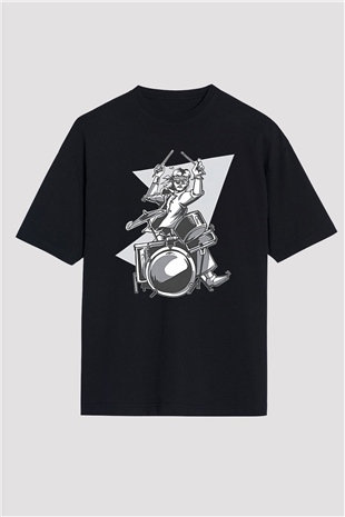 Bateri Baskılı Unisex Siyah Oversize Tişört - Tshirt