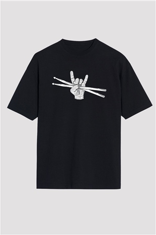 Bateri Baskılı Unisex Siyah Oversize Tişört - Tshirt