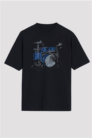 Bateri Baskılı Unisex Siyah Oversize Tişört - Tshirt