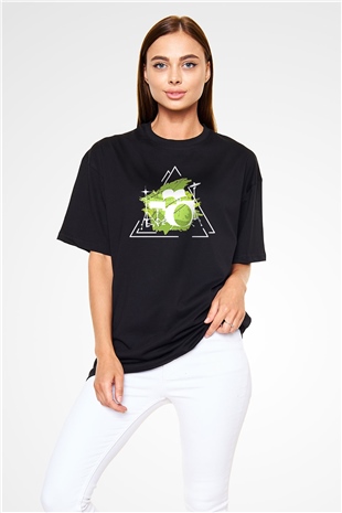 Bateri Baskılı Unisex Siyah Oversize Tişört - Tshirt