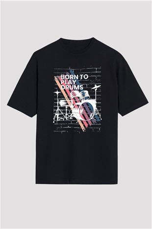 Bateri Baskılı Unisex Siyah Oversize Tişört - Tshirt
