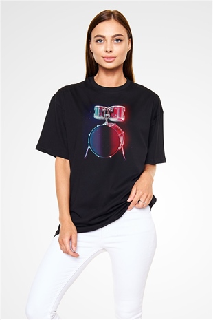 Bateri Baskılı Unisex Siyah Oversize Tişört - Tshirt