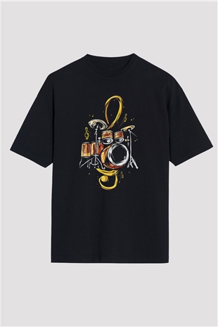 Bateri Baskılı Unisex Siyah Oversize Tişört - Tshirt