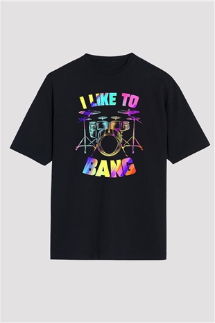 Bateri Baskılı Unisex Siyah Oversize Tişört - Tshirt