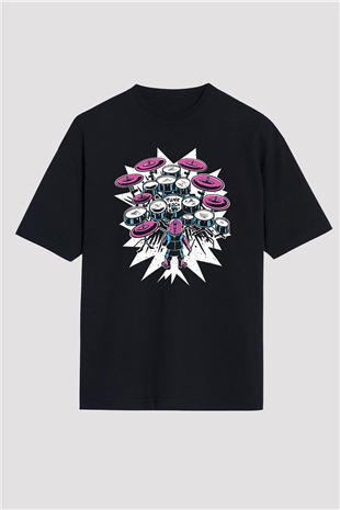 Bateri Baskılı Unisex Siyah Oversize Tişört - Tshirt