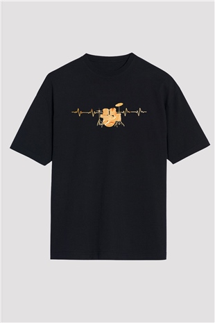 Bateri Baskılı Unisex Siyah Oversize Tişört - Tshirt