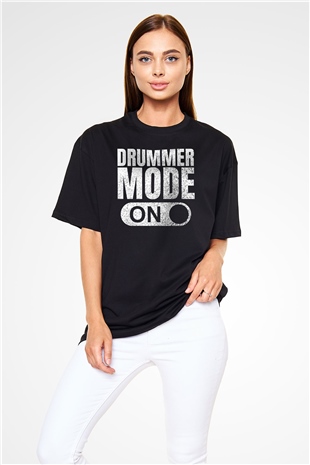 Bateri Baskılı Unisex Siyah Oversize Tişört - Tshirt