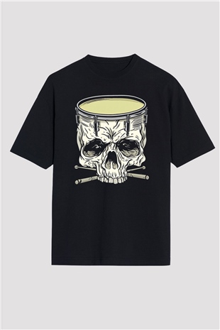 Bateri Baskılı Unisex Siyah Oversize Tişört - Tshirt