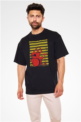 Bateri Baskılı Unisex Siyah Oversize Tişört - Tshirt