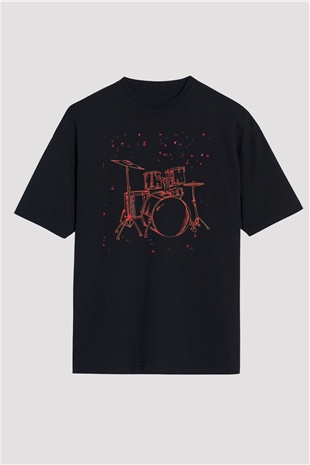 Bateri Baskılı Unisex Siyah Oversize Tişört - Tshirt