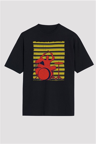 Bateri Baskılı Unisex Siyah Oversize Tişört - Tshirt
