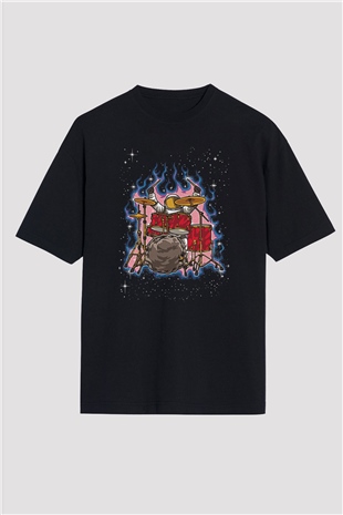 Bateri Baskılı Unisex Siyah Oversize Tişört - Tshirt