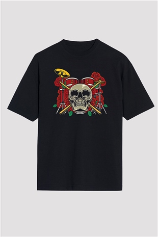 Bateri Baskılı Unisex Siyah Oversize Tişört - Tshirt