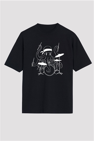 Bateri Baskılı Unisex Siyah Oversize Tişört - Tshirt