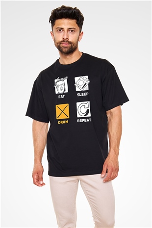 Bateri Baskılı Unisex Siyah Oversize Tişört - Tshirt
