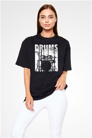 Bateri Baskılı Unisex Siyah Oversize Tişört - Tshirt