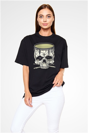 Bateri Baskılı Unisex Siyah Oversize Tişört - Tshirt
