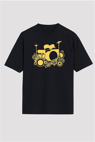 Bateri Baskılı Unisex Siyah Oversize Tişört - Tshirt