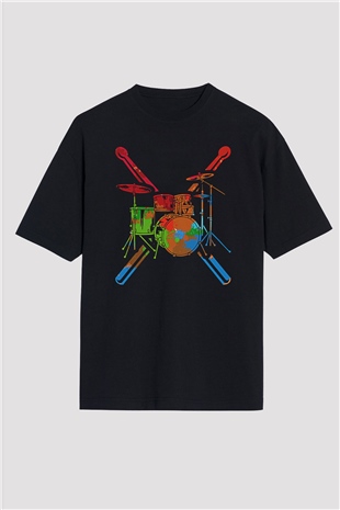 Bateri Baskılı Unisex Siyah Oversize Tişört - Tshirt