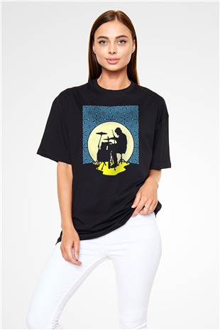 Bateri Baskılı Unisex Siyah Oversize Tişört - Tshirt