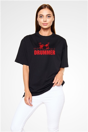 Bateri Baskılı Unisex Siyah Oversize Tişört - Tshirt