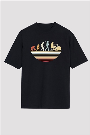 Bateri Baskılı Unisex Siyah Oversize Tişört - Tshirt