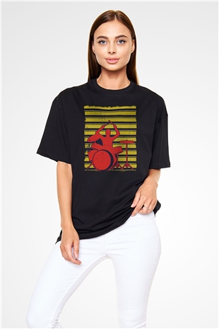 Bateri Baskılı Unisex Siyah Oversize Tişört - Tshirt