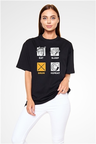 Bateri Baskılı Unisex Siyah Oversize Tişört - Tshirt