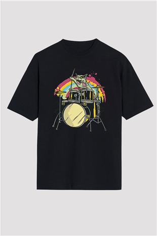 Bateri Baskılı Unisex Siyah Oversize Tişört - Tshirt