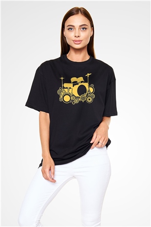 Bateri Baskılı Unisex Siyah Oversize Tişört - Tshirt