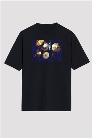 Bateri Baskılı Unisex Siyah Oversize Tişört - Tshirt