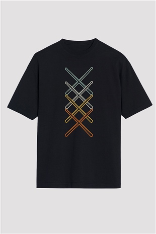 Bateri Baskılı Unisex Siyah Oversize Tişört - Tshirt