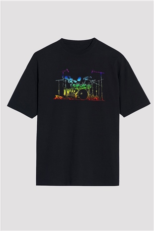 Bateri Baskılı Unisex Siyah Oversize Tişört - Tshirt