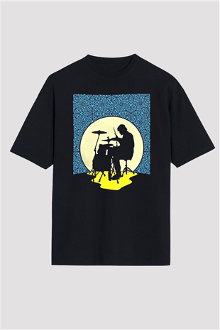 Bateri Baskılı Unisex Siyah Oversize Tişört - Tshirt