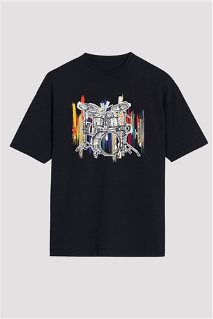 Bateri Baskılı Unisex Siyah Oversize Tişört - Tshirt