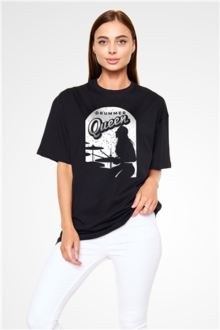 Bateri Baskılı Unisex Siyah Oversize Tişört - Tshirt