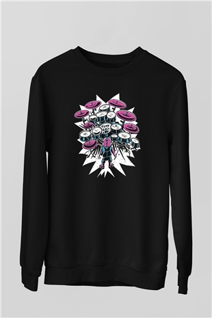 Bateri Baskılı Unisex Siyah Sweatshirt