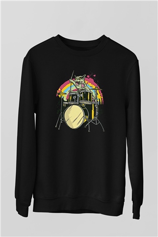 Bateri Baskılı Unisex Siyah Sweatshirt