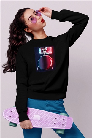 Bateri Baskılı Unisex Siyah Sweatshirt