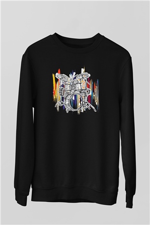 Bateri Baskılı Unisex Siyah Sweatshirt
