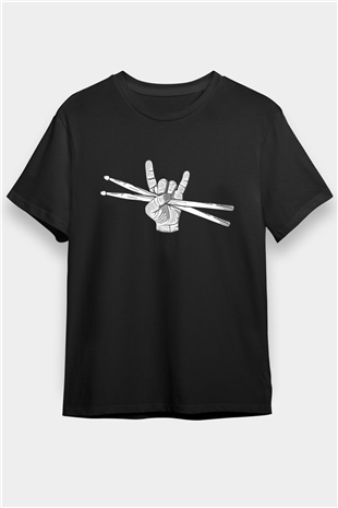Bateri Baskılı Unisex Siyah Tişört - Tshirt