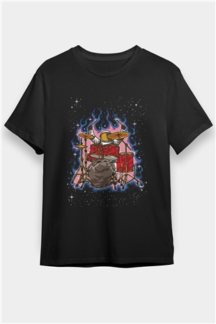 Bateri Baskılı Unisex Siyah Tişört - Tshirt