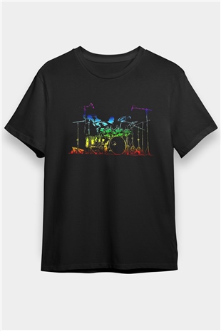 Bateri Baskılı Unisex Siyah Tişört - Tshirt