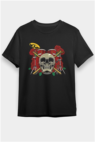Bateri Baskılı Unisex Siyah Tişört - Tshirt