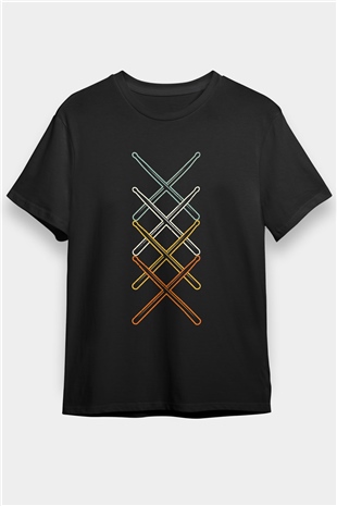 Bateri Baskılı Unisex Siyah Tişört - Tshirt