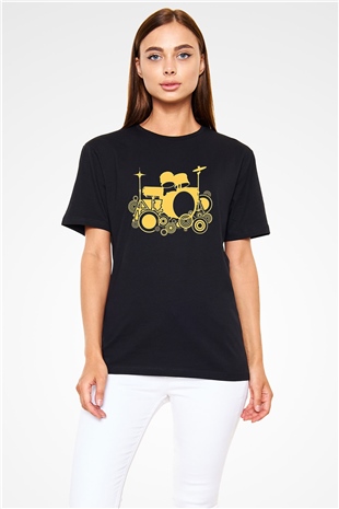Bateri Baskılı Unisex Siyah Tişört - Tshirt
